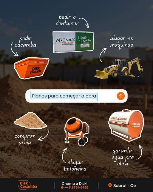 Caçamba, contêiner, locação de máquinas e betoneira e venda de areia