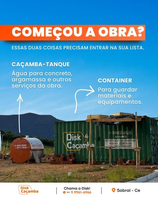 Caçamba-tanque para água e contêiner para guardar material na obra